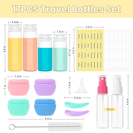 17 Pack Travel Bottles - TSA Approved Travel Size Toiletries, Leak Proof Containers for Toiletries, Silicone Squeezable Container for Shampoo, Body Wash, Lotion & Conditioner - Colorful