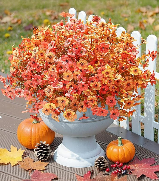 Artificial Fall Flowers – 12 Bundles UV Resistant Faux Mums for Outdoor Autumn Décor (Orange & Yellow)