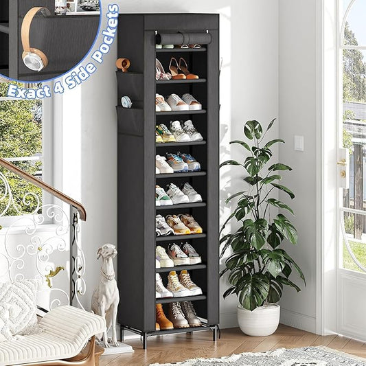 Simple Trending Narrow Shoe Rack with Cover – 10-Tier Tall Shoe Organizer for Closet, Holds 20 Pairs (Black)