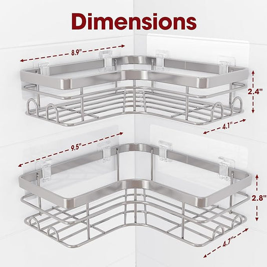 Corner Shower Caddy 2-Pack – Adhesive Rustproof Stainless Steel Shower Shelves with Hooks, No Drilling (Silver)