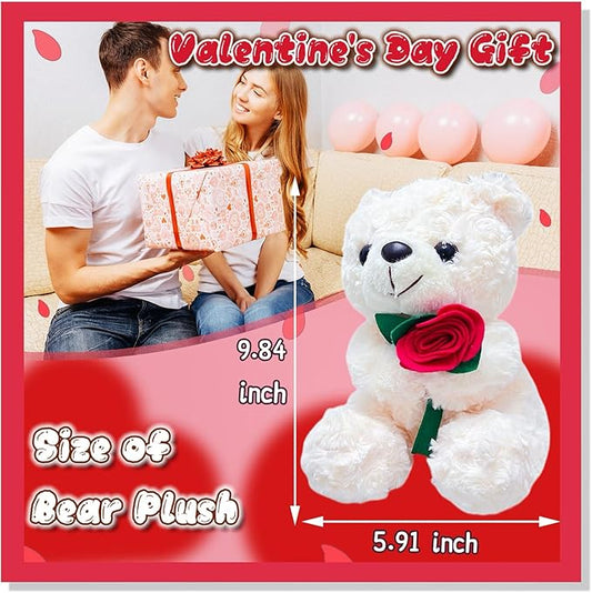 9.84" White Teddy Bear Plush with Flower