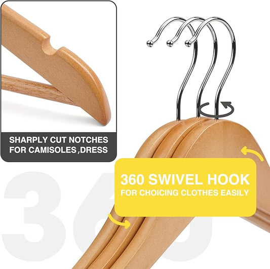 Wooden Hangers 10 Pack – Heavy Duty Wood Coat Hangers with 360° Swivel Hook