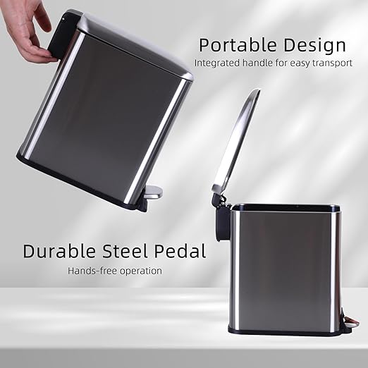 Small Bathroom Trash Can with Lid – 5L / 1.3 Gallon Stainless Steel Slim Garbage Can (Silver)